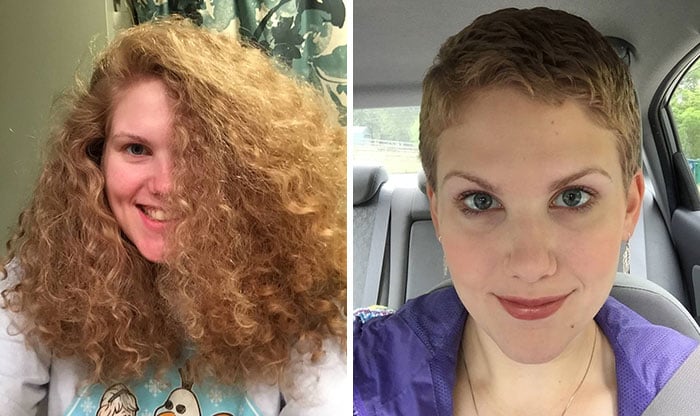 Chica dentro de un auto antes y después de donar su cabello a la estilista Hayley Pritchard