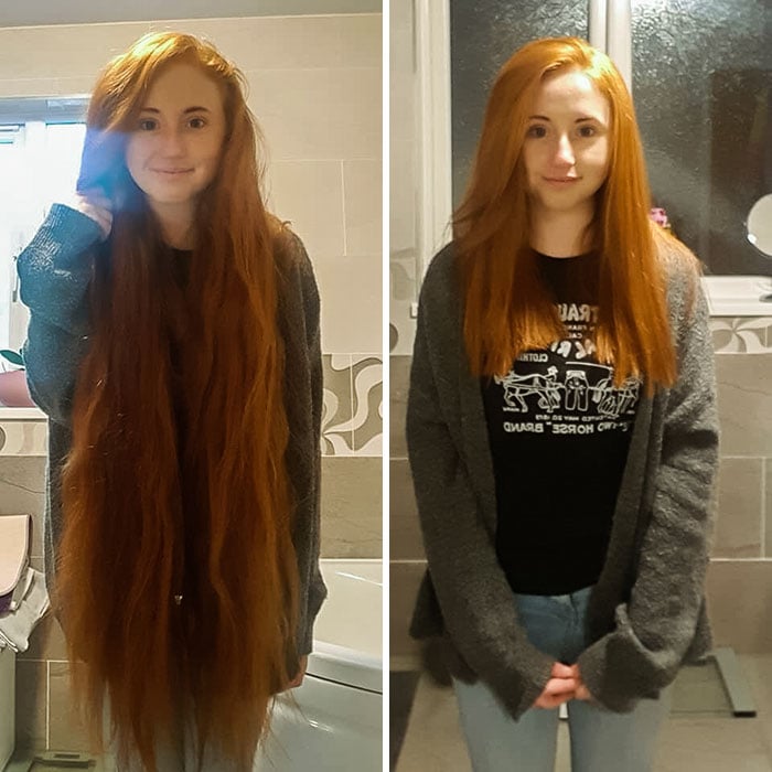 Chica dentro de su recamara antes y después de donar su cabello a la estilista Hayley Pritchard