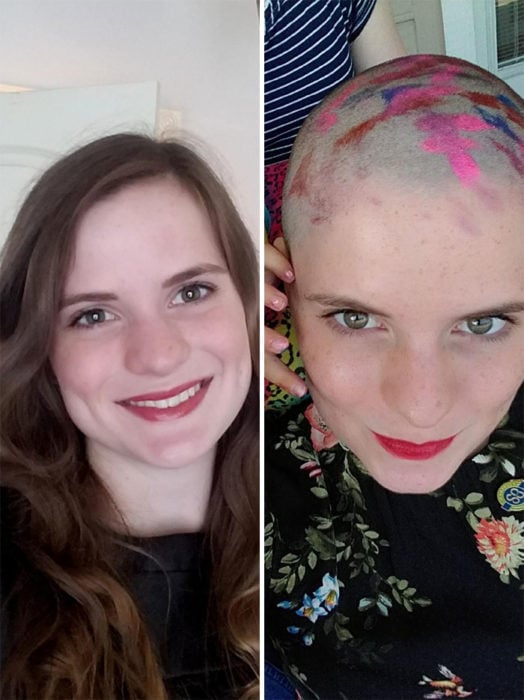 Chica tomando una selfie antes y después de donar su cabello a la estilista Hayley Pritchard