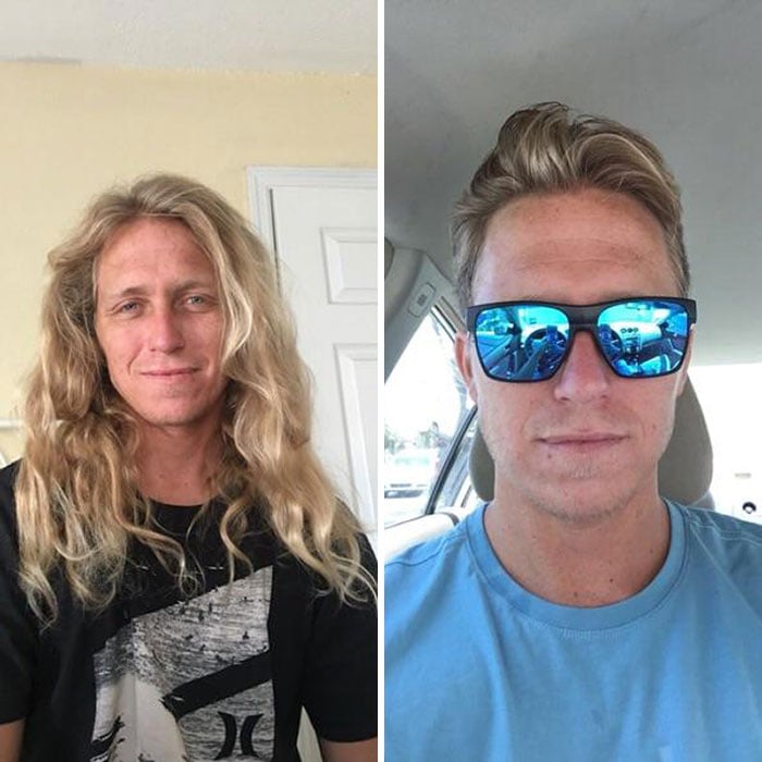 Hombre dentro de una habitación antes y después de donar su cabello a la estilista Hayley Pritchard