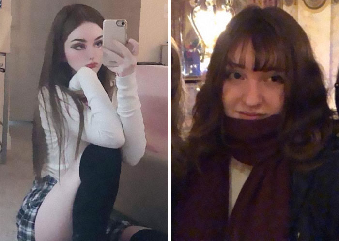 Comparación de la foto de una chica que tiene filtros de Instagram vs como es realmente