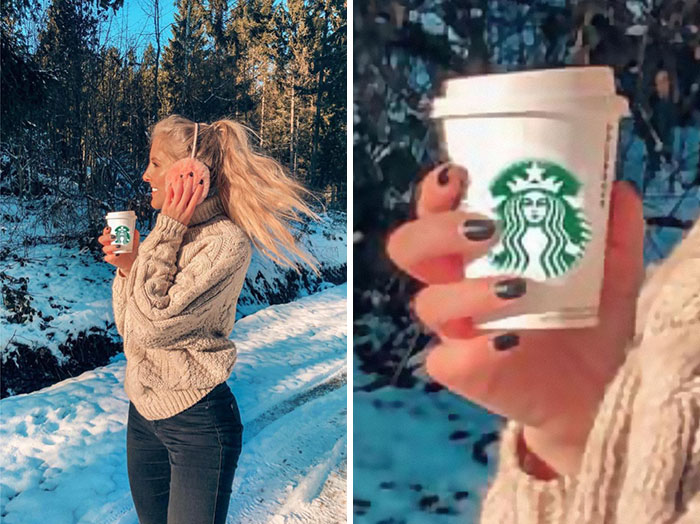 Chica sosteniendo un vaso de café con el logotipo de starbucks modificado