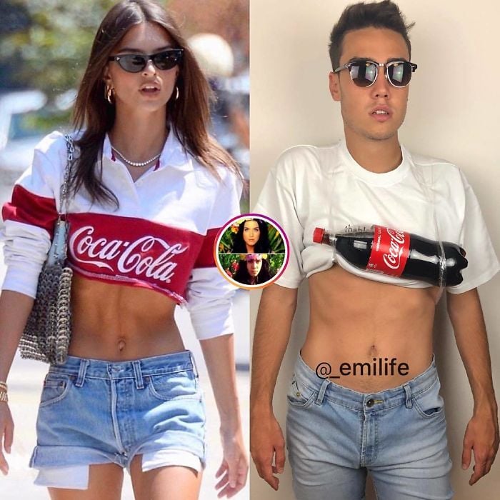  Emanuele Ferrari imitando el outfit casual de Emily Ratajkowski con playera de Coca Cola