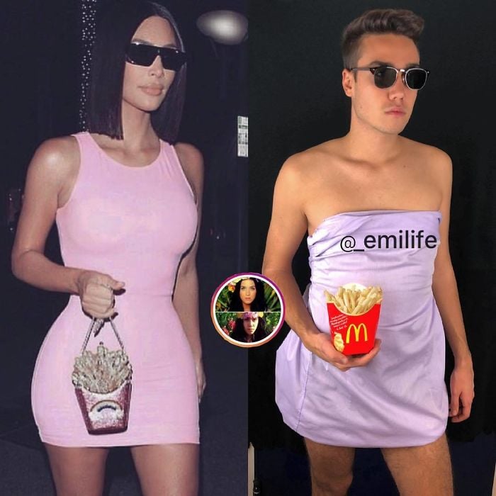  Emanuele Ferrari imitando a Kim Kardashian co u vestido ajustado en tono rosa
