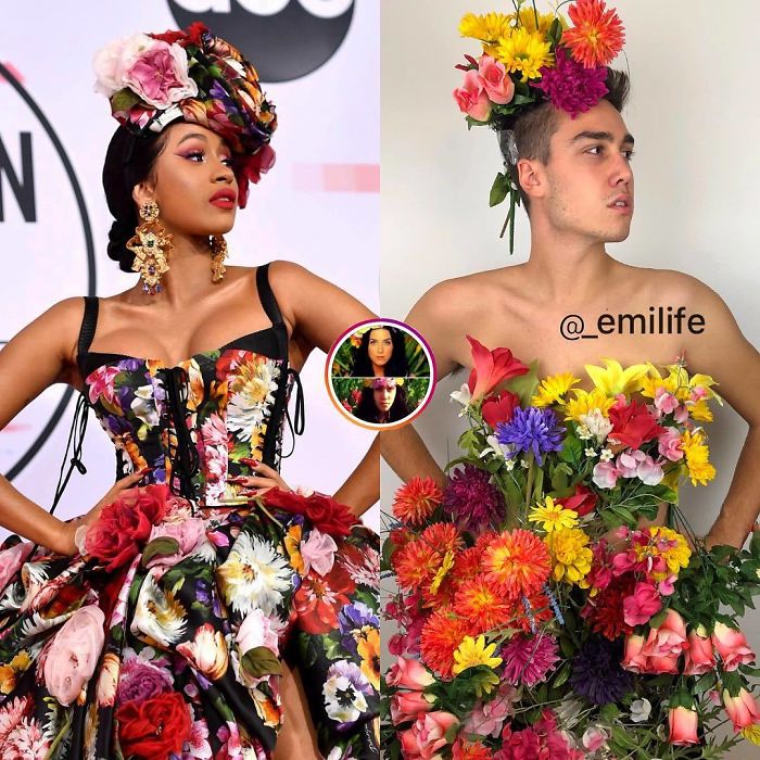  Emanuele Ferrari imitando a Cardi B con un vestido de estampado a flores