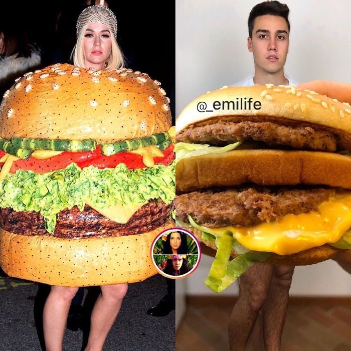  Emanuele Ferrari imitando el disfraz de hamburguesa que llevó Katy Perry