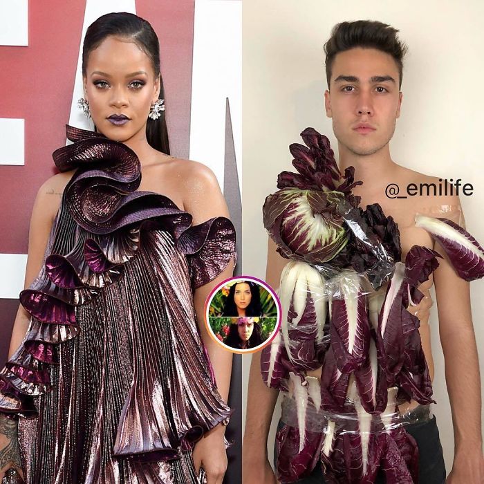  Emanuele Ferrari recreando el outfit de vestido morado de Rihanna