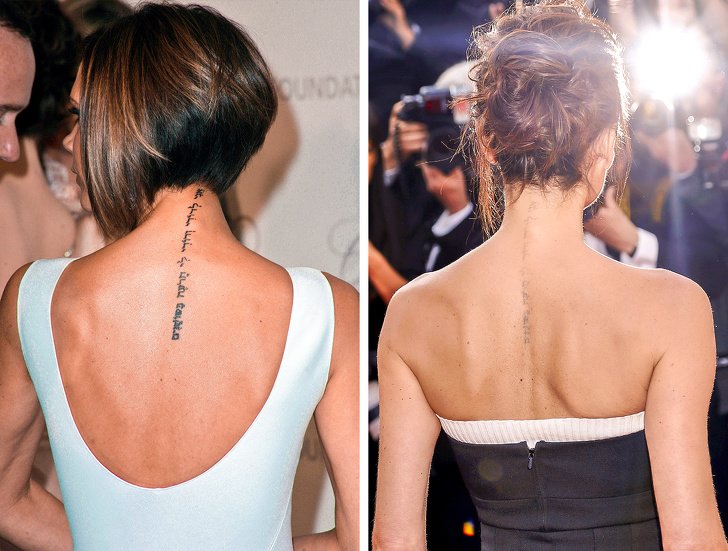 Victoria Beckham mostrandos el tatuaje hebreo de su espalda