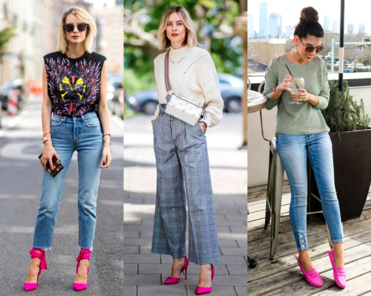 Combinar outfits con zapatos de colores; calzado rosa