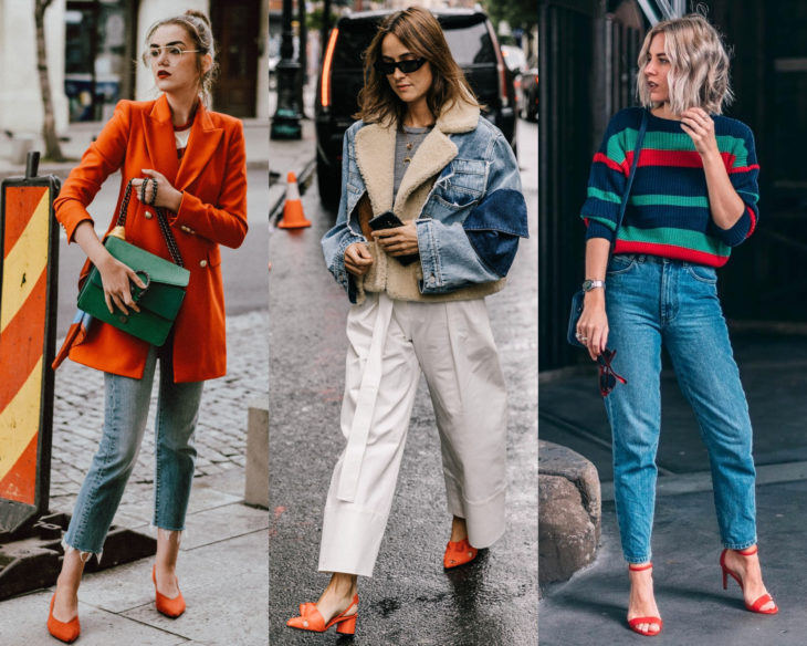 Combinar outfits con zapatos de colores; calzado anaranjado