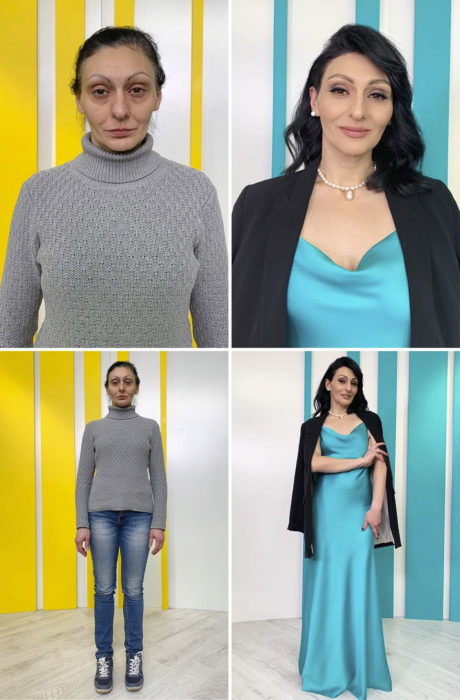 Mujer son suéter gris y jeans azules antes y después de cambiar de look por el estilista Alexandr Rogov