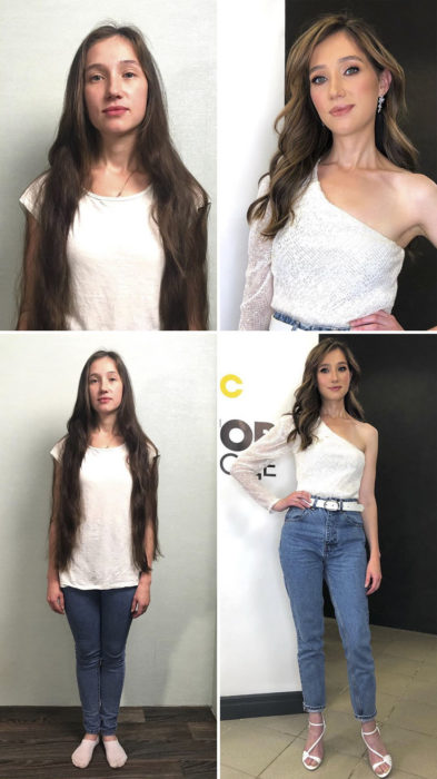 Chica con cabello extralargo, camisa blanca y jeans antes y después de cambiar de look por el estilista Alexandr Rogov