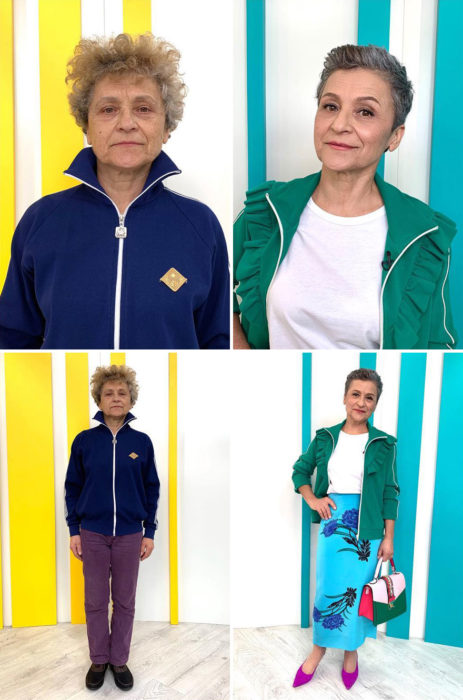 Mujer adulta con deortivos a cuadros y sudadera azul marino antes y después de cambiar de look por el estilista Alexandr Rogov