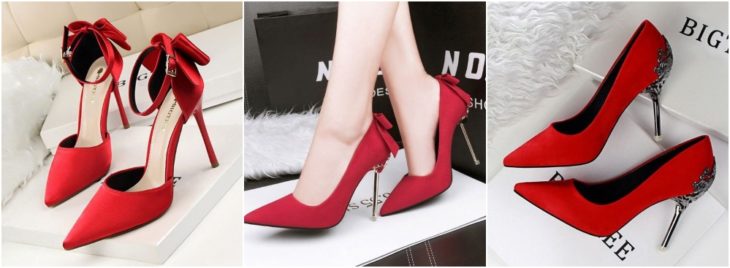 chicas modelando zapatos stilettos en color rojo