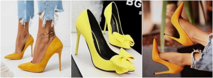 chicas modelando zapatos stilettos en color amarillo