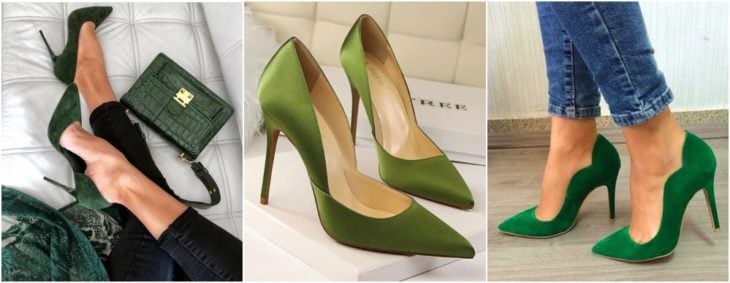 chicas modelando zapatos stilettos en color verde