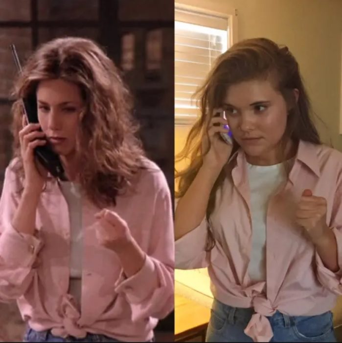 Outfit inspirado en Rachel de Friends con camisa rosa y blusa blanca