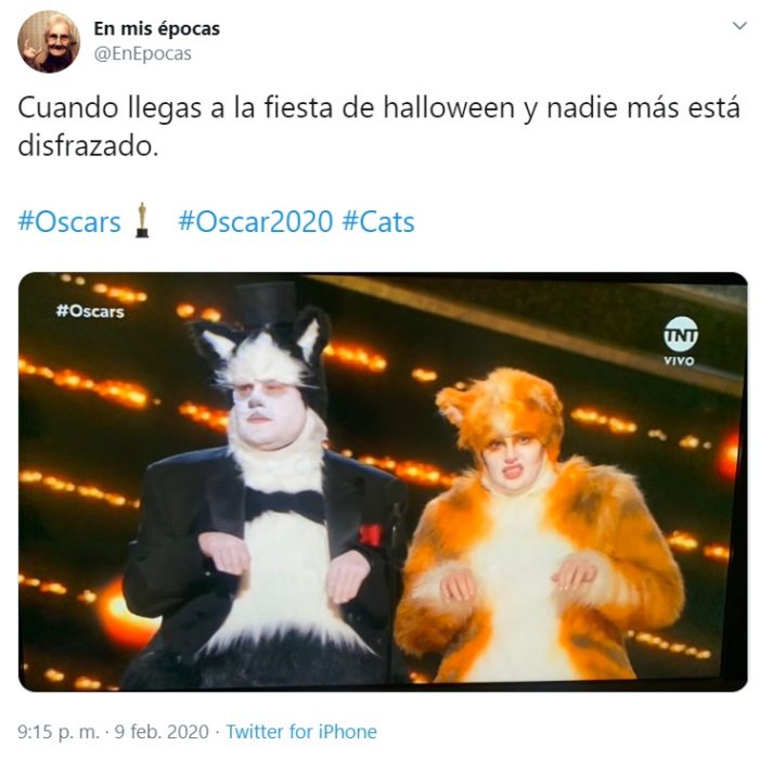 Captura de Twitter de Cats en los Oscars 2020