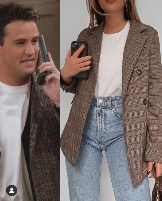 Outfit inspirado en Chandler de Friends con americana en estampado escoses café