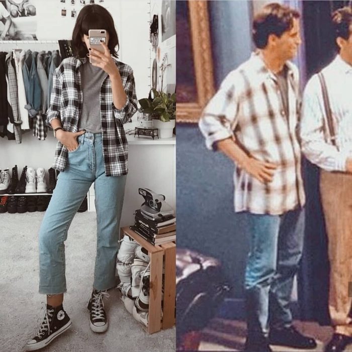 Outfit inspirado en Friends usando jeans, camisa a cuadros y converse negros