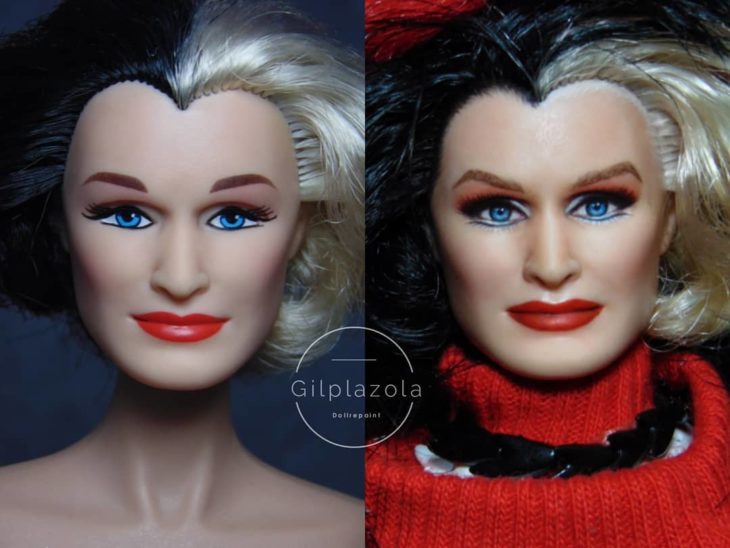 Muñeca tipo Barbie repintada para dar mayor parecido a Cruella de Vil de 101 dalmatas