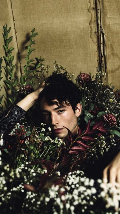 Fondo de pantalla para celular con Ezra Miller recostado entre flores de colores