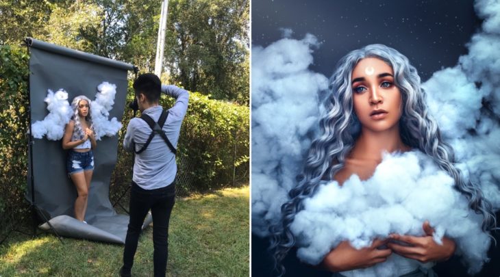 Detrás de cámaras de fotografía de modelo disfrazada de ángel