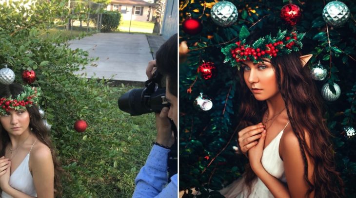 Detrás de cámaras de fotografía de modelo disfrazada de elfo, posando delante de un árbol de navidad