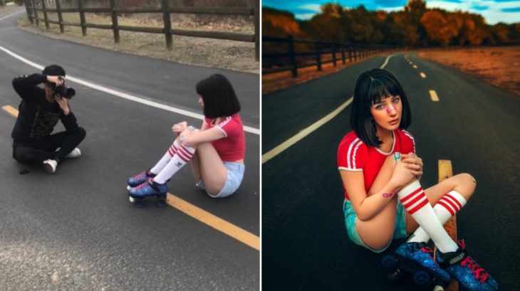 Detrás de cámaras de fotografía de modelo posando en carretera usando patines