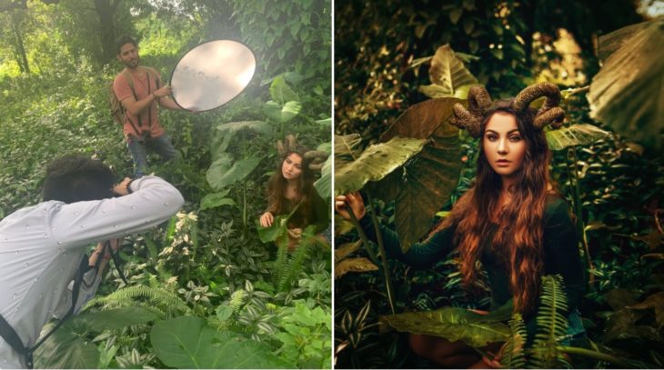 Detrás de cámaras de fotografía de modelo disfrazada de fauno en medio del bosque