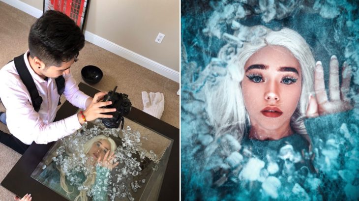 Detrás de cámaras de fotografía de modelo simulando que está atrapada en el hielo