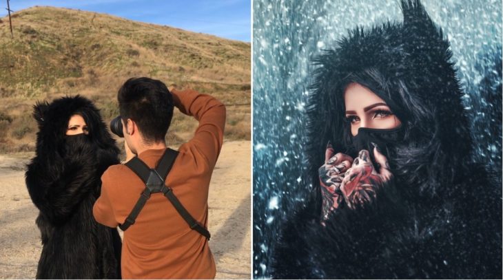 Detrás de cámaras de fotografía de modelo usando ropa de invierno, simulando que se encuentra en una nevada