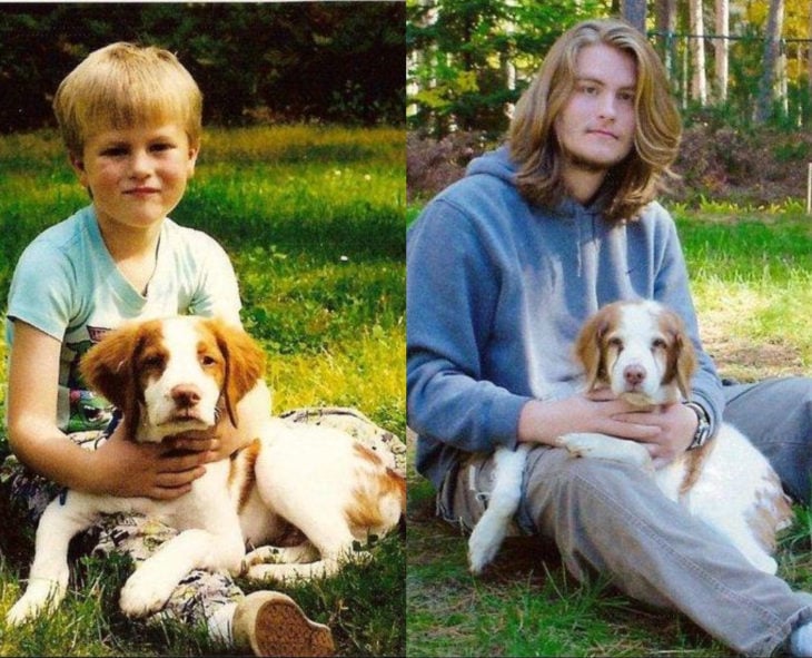 Antes y después de humanos con sus mascotas; niño y perro