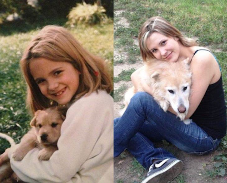 Antes y después de humanos con sus mascotas; niña y perro