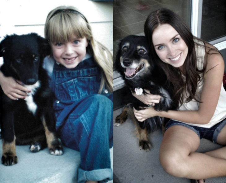 Antes y después de humanos con sus mascotas; niña y perro