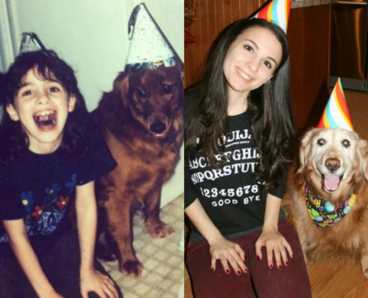 Antes y después de humanos con sus mascotas; niña y perro