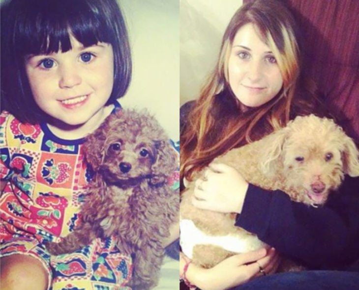 Antes y después de humanos con sus mascotas; niña y perro