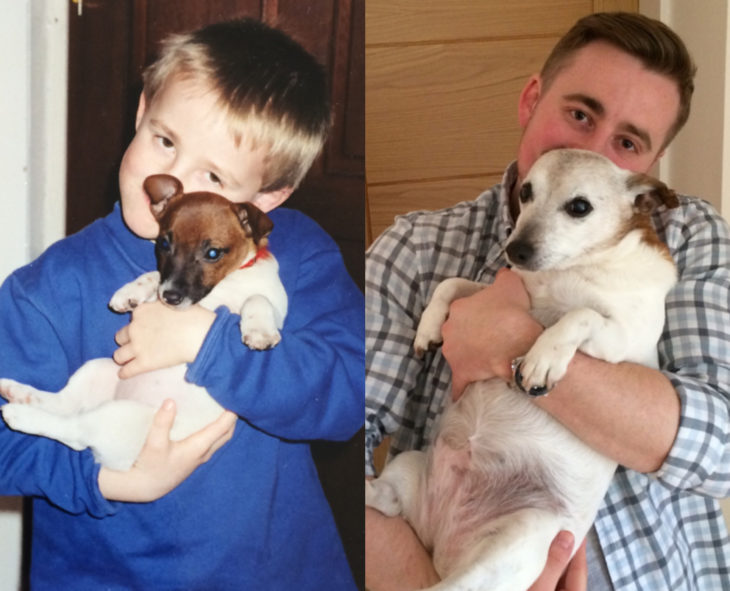 Antes y después de humanos con sus mascotas; niño y perro