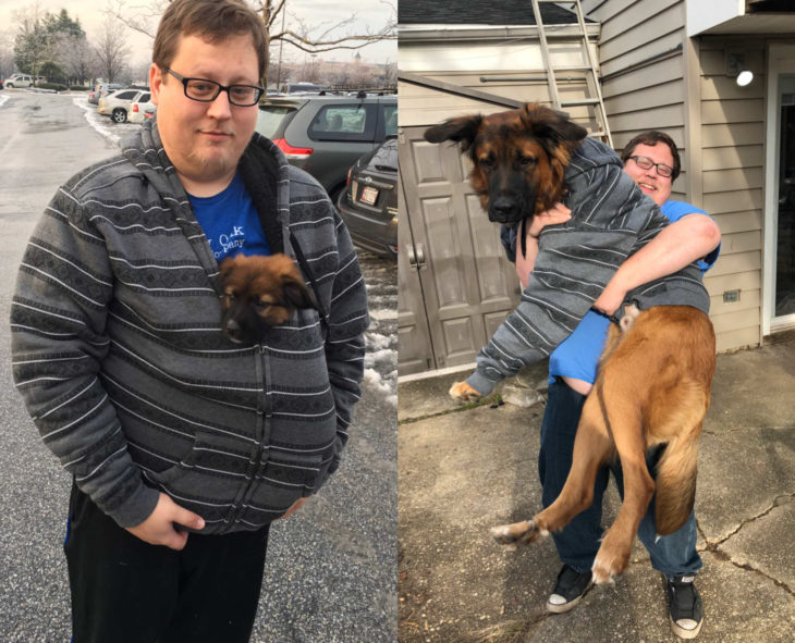 Antes y después de humanos con sus mascotas; hombre y perro