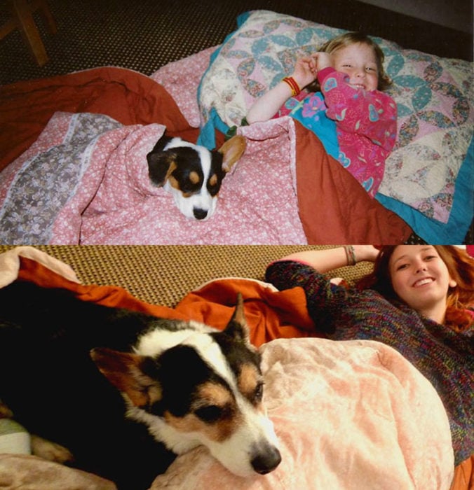 Antes y después de humanos con sus mascotas; niña y perro