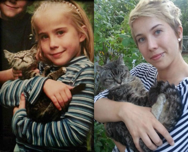 Antes y después de humanos con sus mascotas; niña y gato