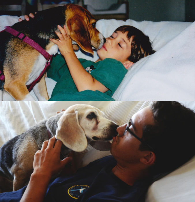 Antes y después de humanos con sus mascotas; niño y perro