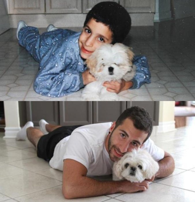 Antes y después de humanos con sus mascotas; niño y perro