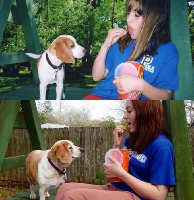 Antes y después de humanos con sus mascotas; niña y perro