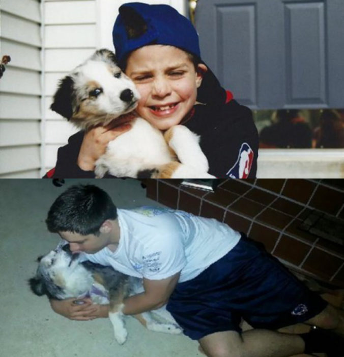 Antes y después de humanos con sus mascotas; niño y perro