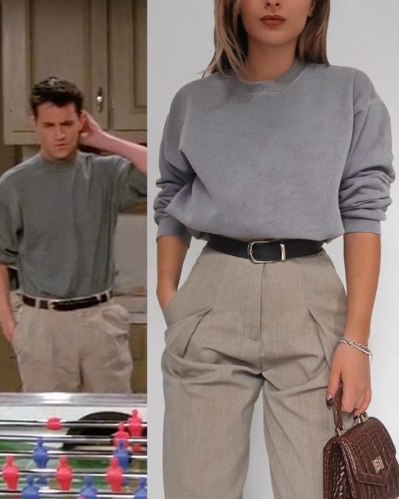 Outfit inspirado en Joey de Friends usnado pantalón de vestir y sudadera gris