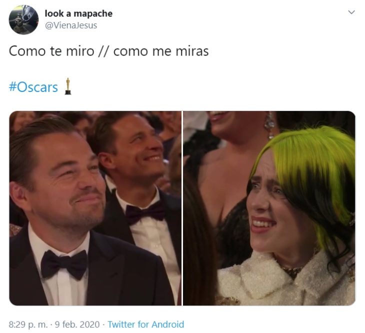 Captura de Twitter con reacción de Billie Elish y Leonardo DiCaprio