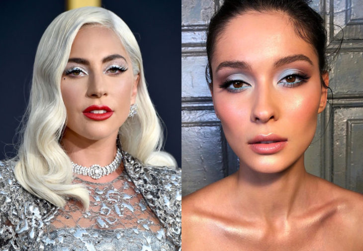 Maquillaje de famosas para San Valentín; Lady Gaga con sombra de ojos plateada con flitter