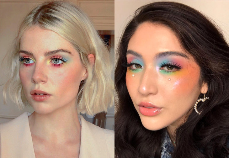 Maquillaje de famosas para San Valentín; Lucy Boynton con sombra de ojos color arcoíris