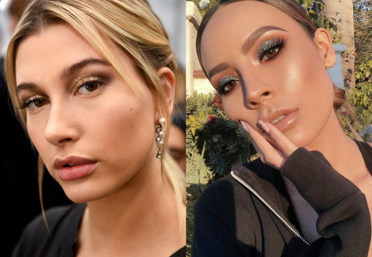 Maquillaje de famosas para San Valentín; Hailey Baldwin Bieber con sombra de ojos con glitter dorado y plateado